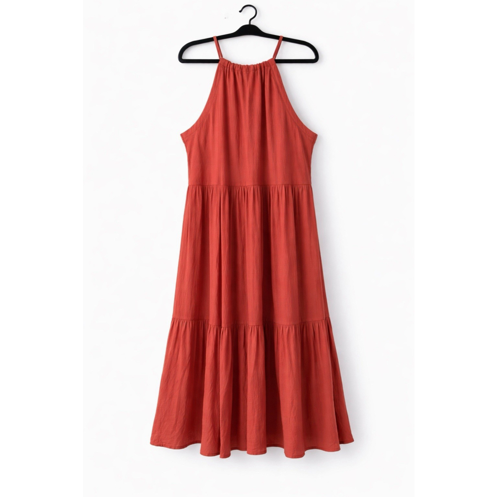 Midi Dress Rayon Halter Neck Tiered Brick Red Sleeveless Flowy XXL resort Boh - Picture 2 of 14
